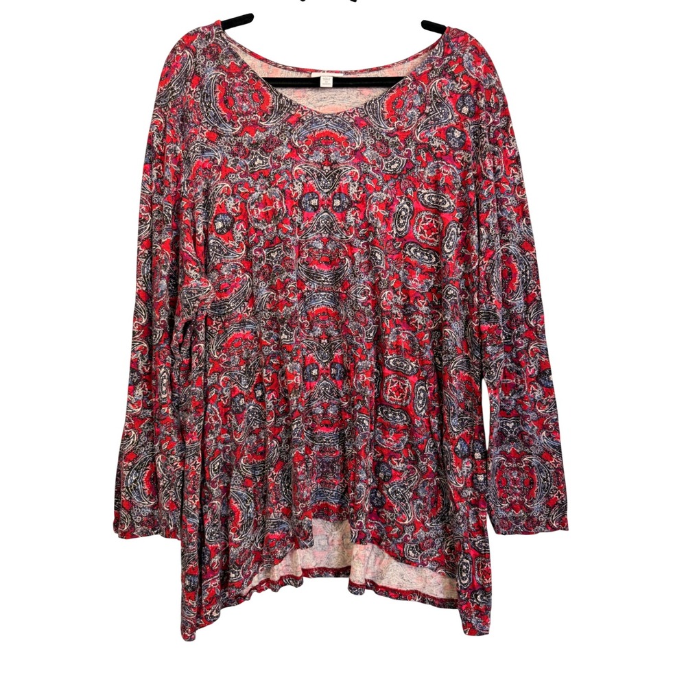 J.Jill Women Red Blue Paisley Medallion Bohemian Tunic Top Long Sleeve Sz 3X